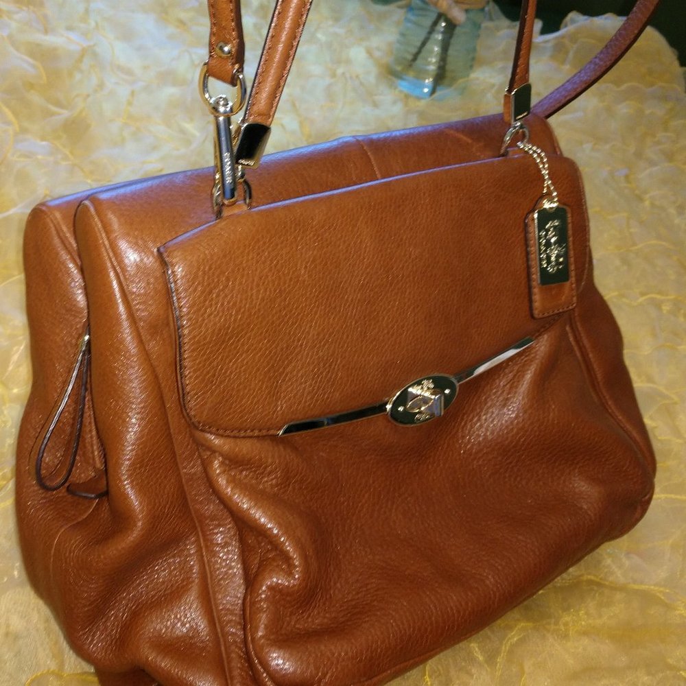 Coach Pebble Leather Satchel Brown w Gold Trim